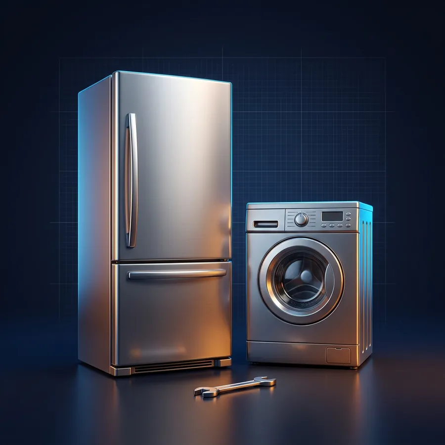 Glossy 3D illustration of a stainless steel refrigerator and a front-loading washer side by side with a small wrench