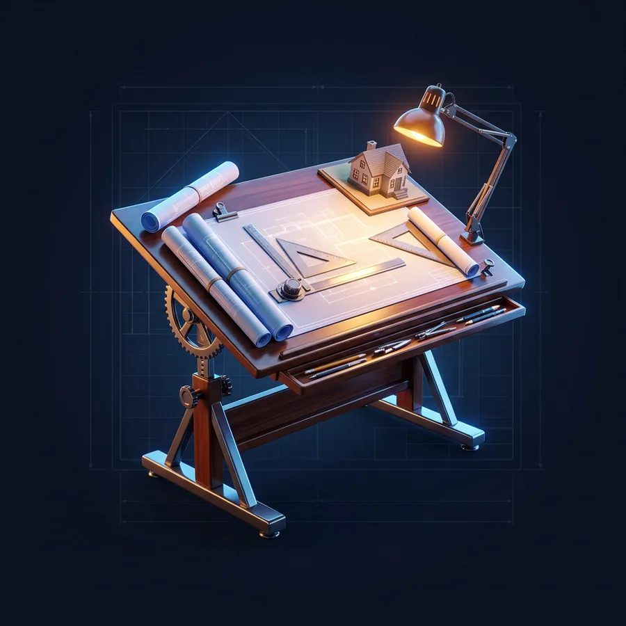 Glossy 3D illustration of an architect’s drafting table with rolled blueprints, a scale ruler and a small house model