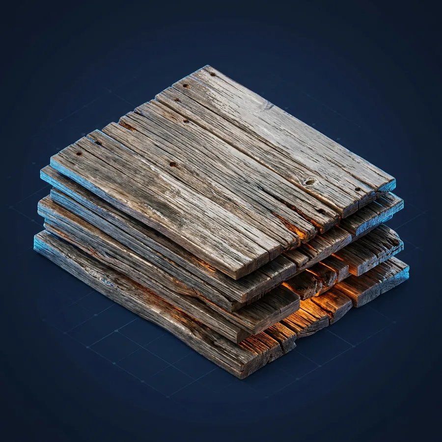 Glossy 3D illustration of a stack of weathered reclaimed barnwood planks with rich gray and brown grain