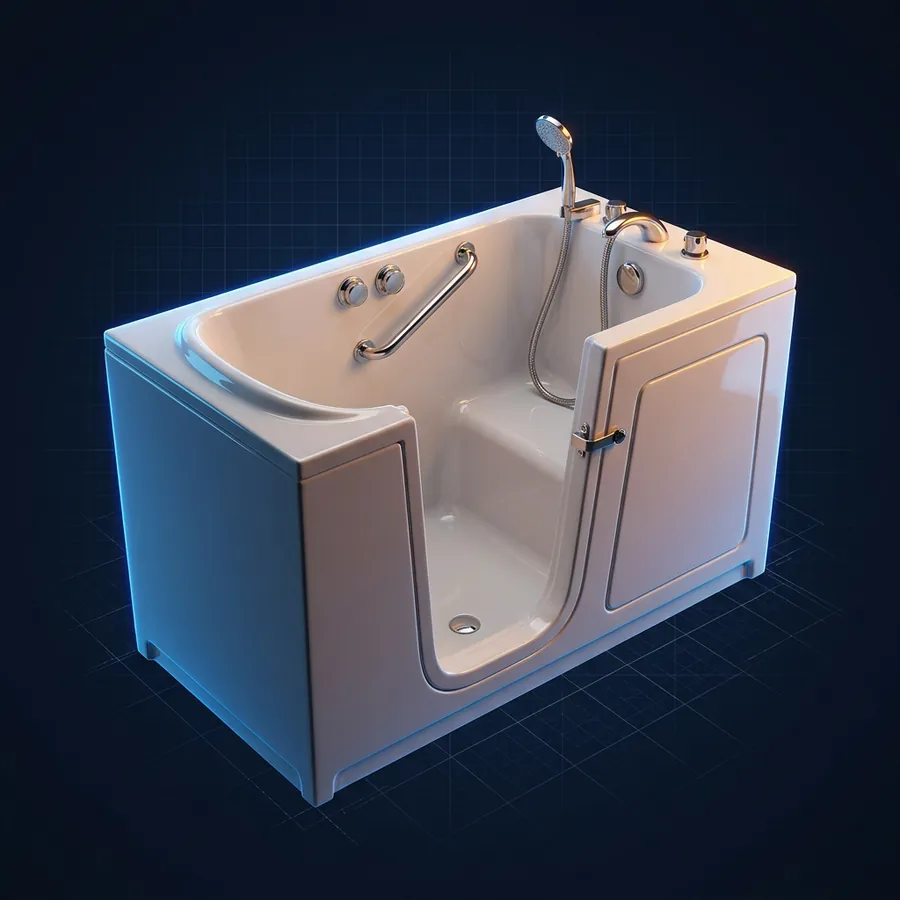 Glossy 3D illustration of a walk-in bathtub with a low door, a grab bar and a handheld shower in a bright bathroom