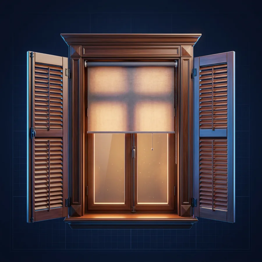 Glossy 3D illustration of a window with elegant roller shades and wood shutters half open with soft light