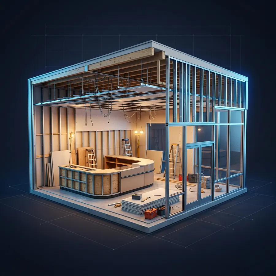 Music City Build Out | Music City Builder Group Glossy 3D illustration of a cutaway of a commercial storefront interior being built out with framing, ceiling grid and a counter