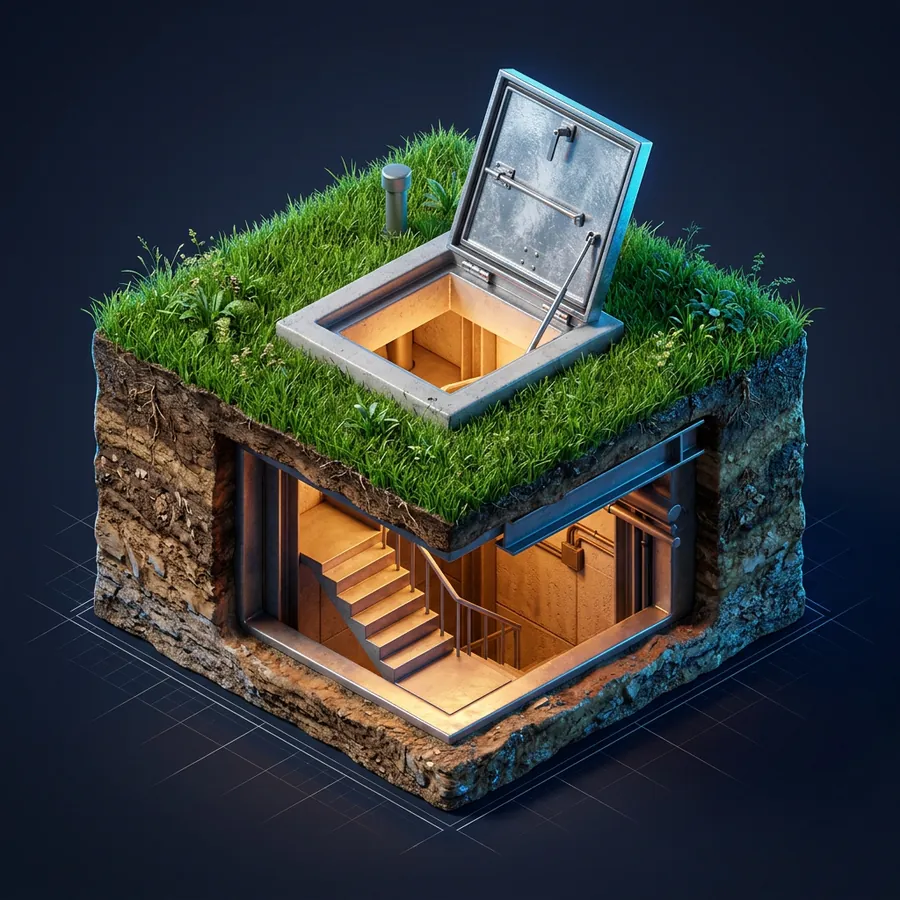 Glossy 3D illustration of an underground storm shelter with a steel hatch door set into a lawn and a lit staircase below