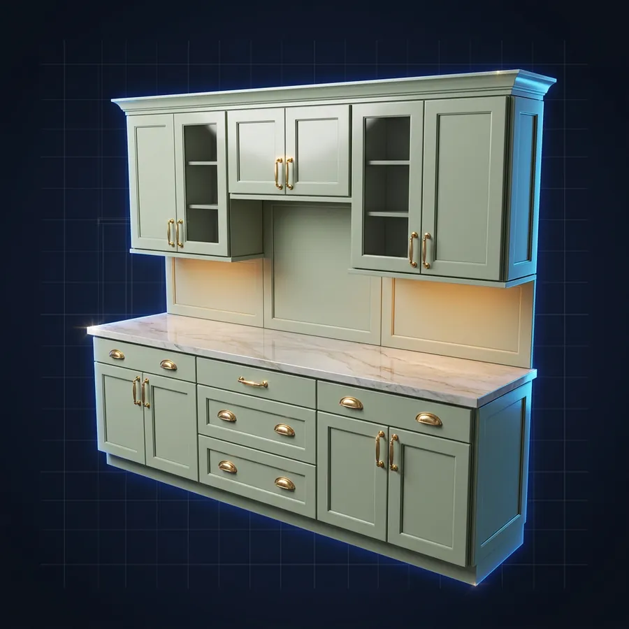 Glossy 3D illustration of a run of custom shaker cabinets in soft green with brass pulls and a quartz counter