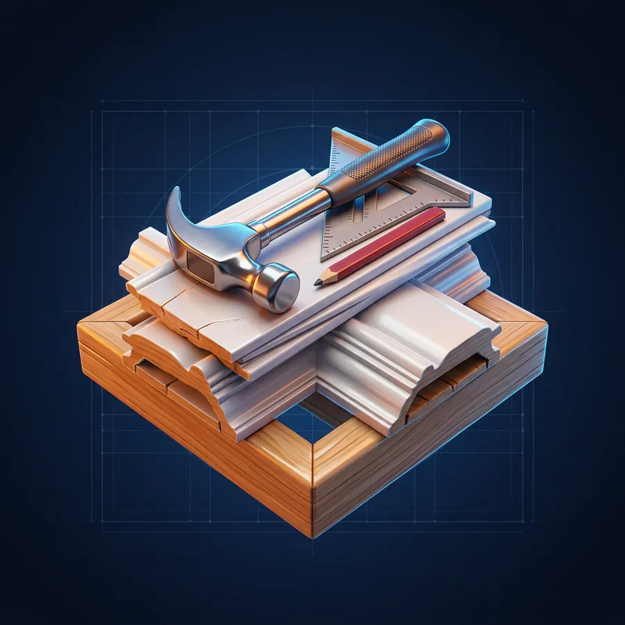 Glossy 3D illustration of a hammer, a speed square and a pencil on a stack of crown molding and a framing corner