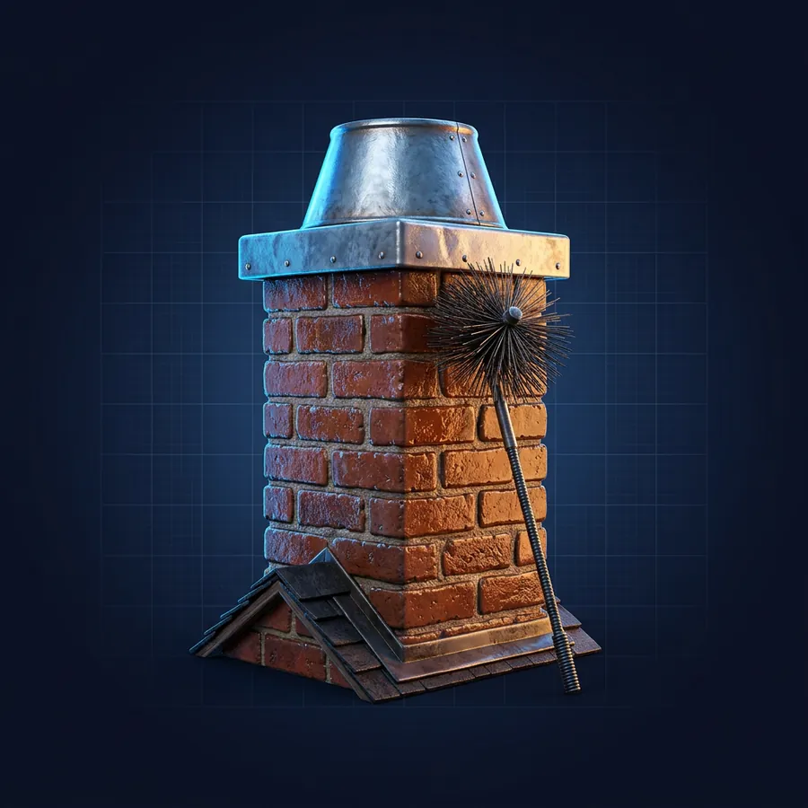 Glossy 3D illustration of a brick chimney with a metal cap and a chimney sweep brush