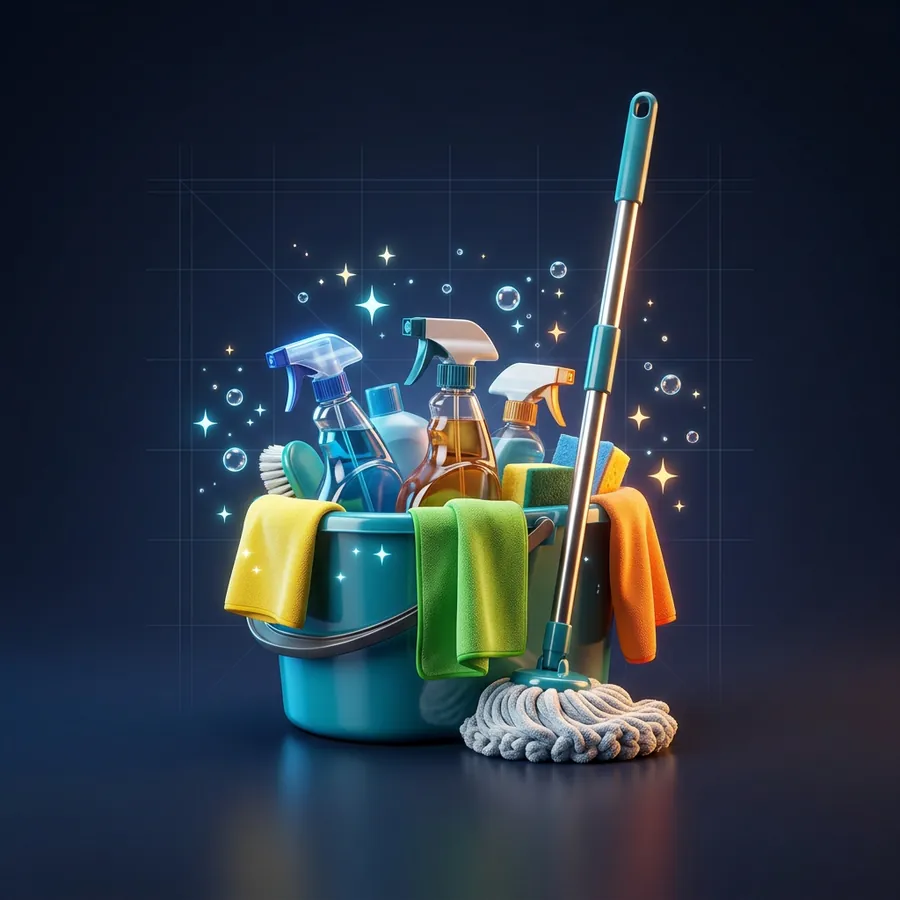 Glossy 3D illustration of a cleaning caddy with spray bottles, microfiber cloths and a mop with sparkles