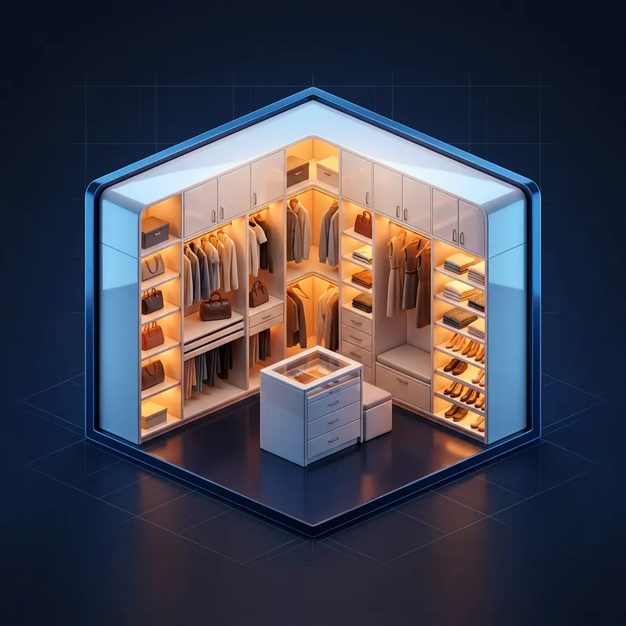Glossy 3D illustration of a luxury walk-in closet with white shelving, hanging rods, drawers and soft lighting