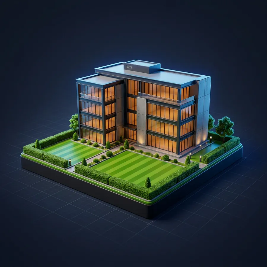 Glossy 3D illustration of a neatly striped lawn in front of a modern commercial building with trimmed hedges