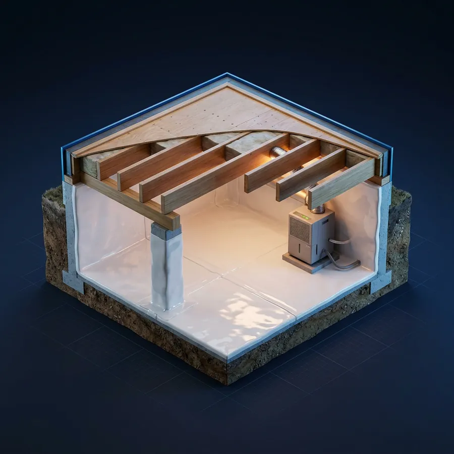 Glossy 3D illustration of a clean encapsulated crawl space with a white vapor barrier on the floor and walls and a dehumidifier