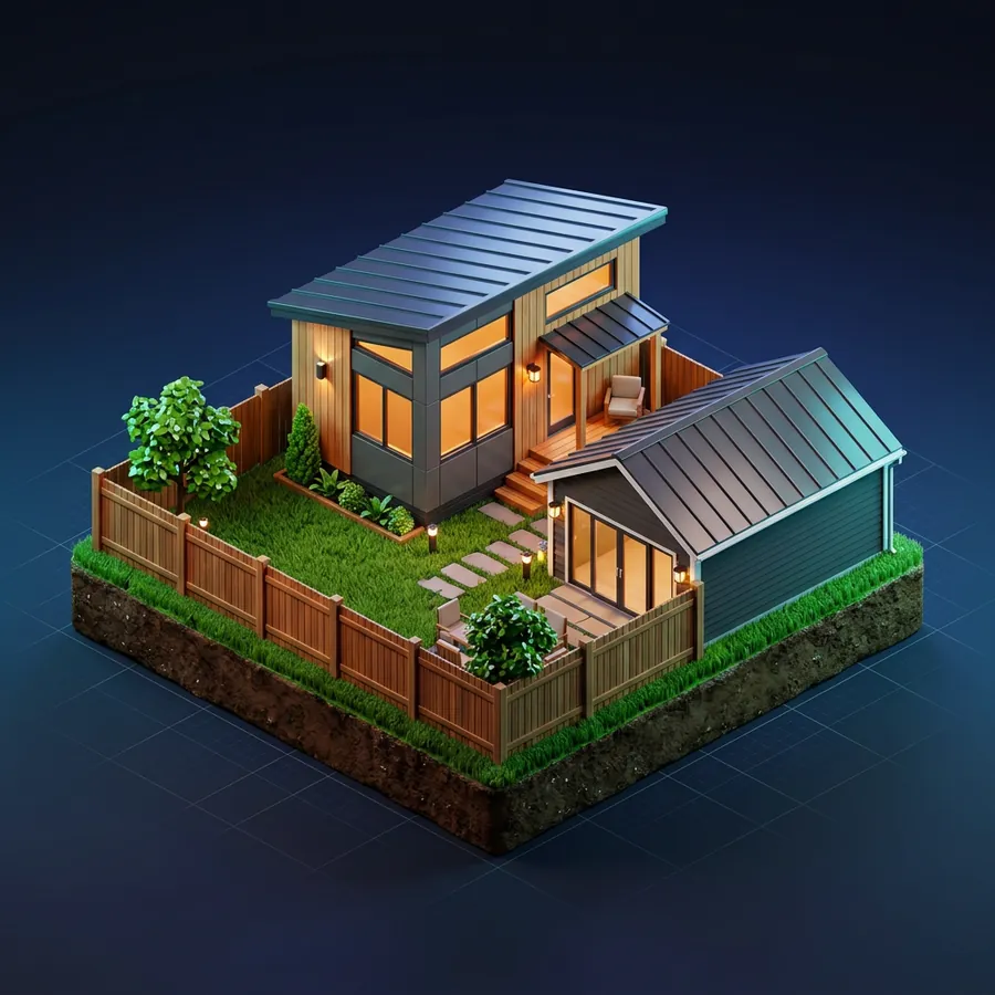 Glossy 3D illustration of a small modern detached backyard cottage behind a main house with a tiny porch