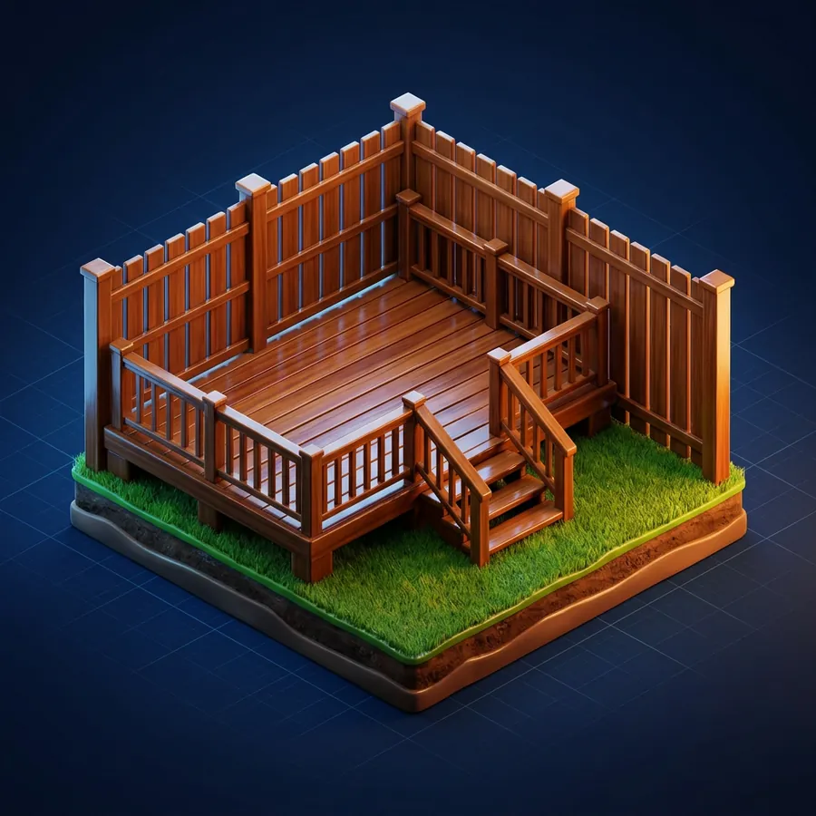 Glossy 3D illustration of a wooden deck with railings and steps leading down to a green lawn and a privacy fence