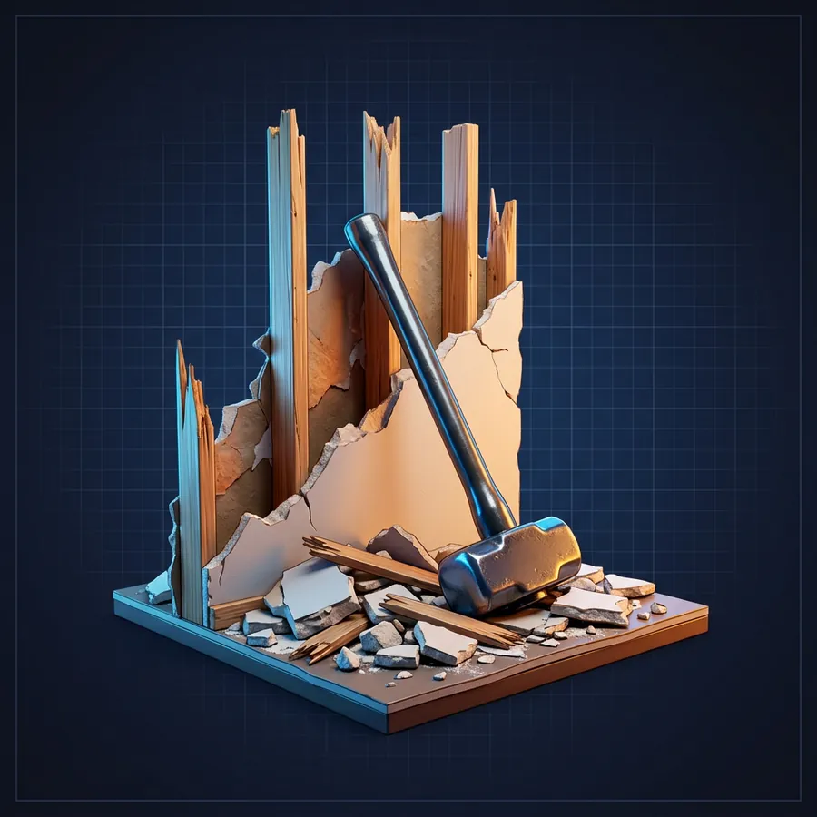 Glossy 3D illustration of a sledgehammer resting against a half-demolished stud wall with a pile of drywall rubble