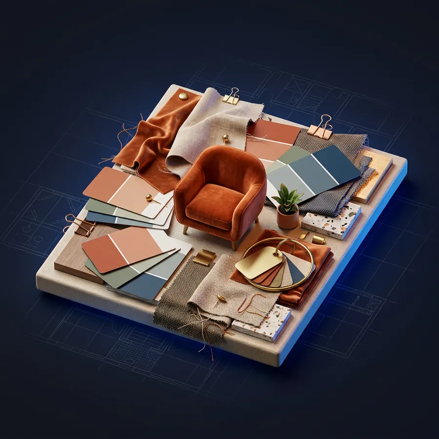Glossy 3D illustration of an interior design mood board with fabric swatches, paint chips and a small armchair