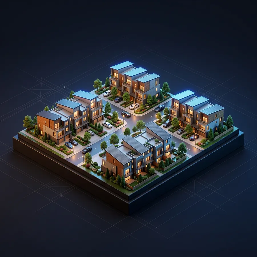 Glossy 3D illustration of an architectural scale model of a modern multi-family townhome community with trees