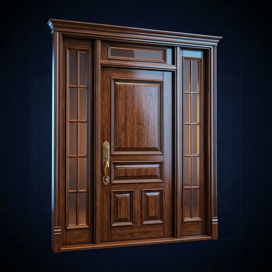Glossy 3D illustration of a handsome stained wood entry door with sidelights and a brass handle