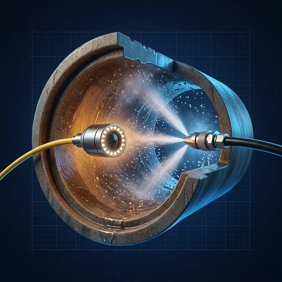 Glossy 3D illustration of a cutaway of a pipe with a sewer camera inspection head and a hydro-jetting nozzle spraying water