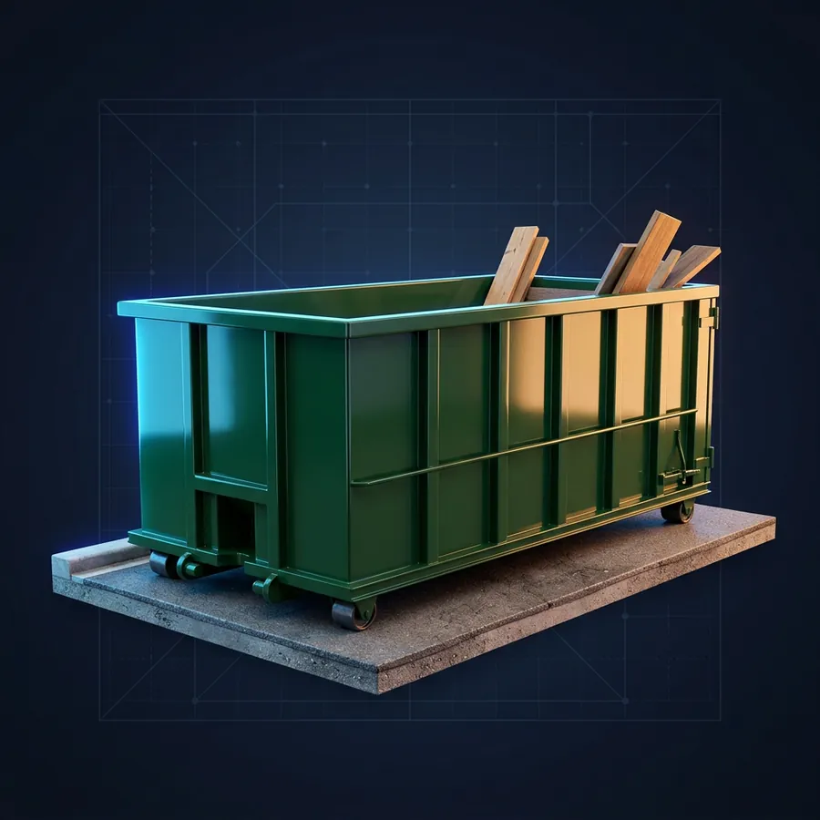 Glossy 3D illustration of a green roll-off dumpster container on a driveway with a few boards sticking out