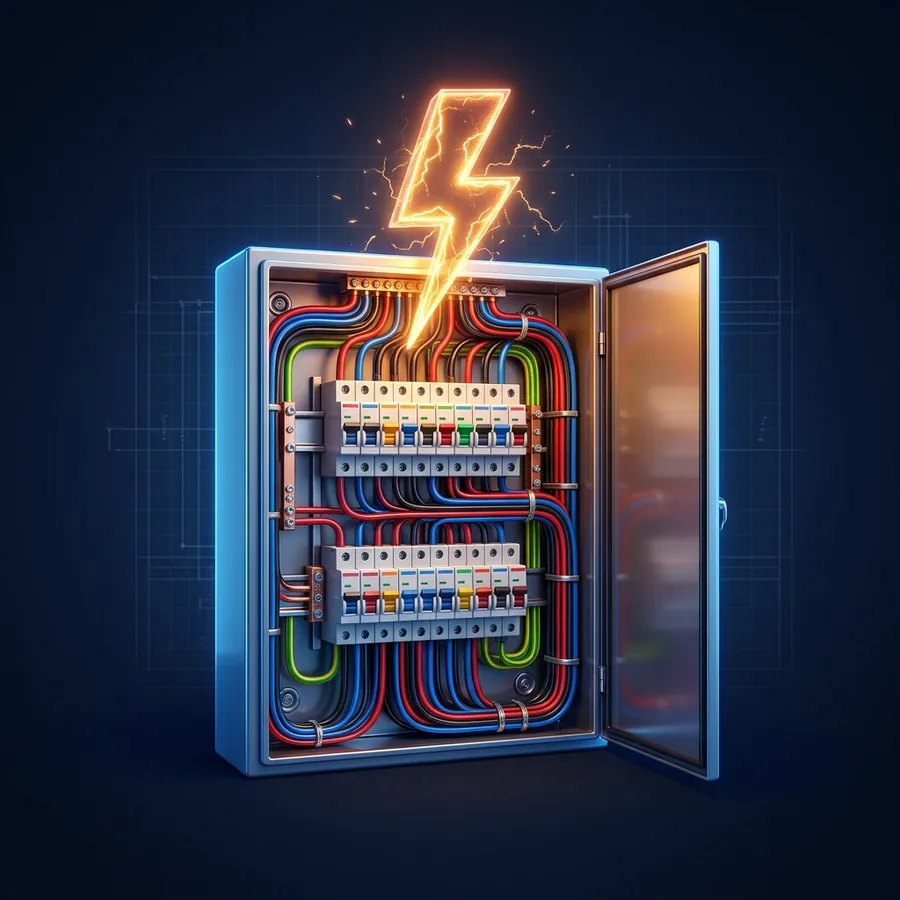 Music City Electrical | Music City Builder Group Glossy 3D illustration of an open electrical breaker panel with neat wiring and a glowing lightning bolt hovering above it