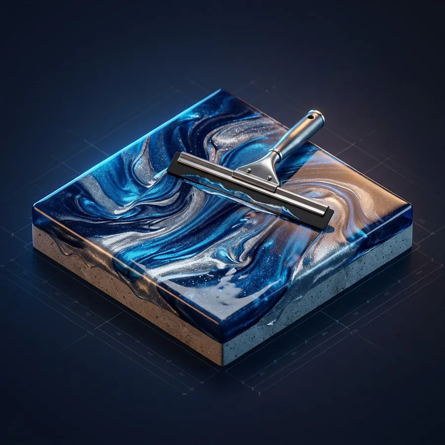 Glossy 3D illustration of a metallic epoxy floor sample with swirling blue and silver patterns and a squeegee