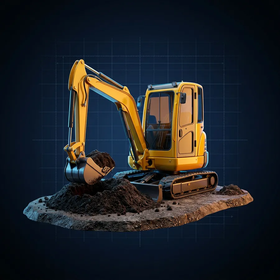 Glossy 3D illustration of a yellow mini excavator digging dark soil on a graded lot