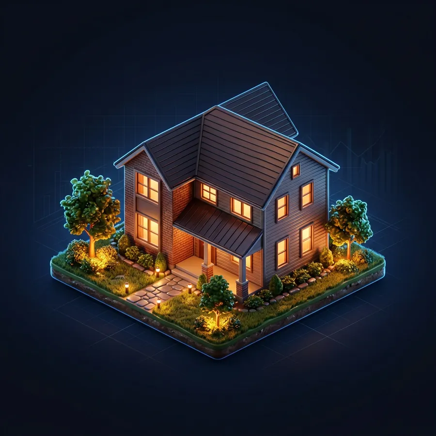 Glossy 3D illustration of a house at dusk with warm landscape uplighting on trees and path lights glowing