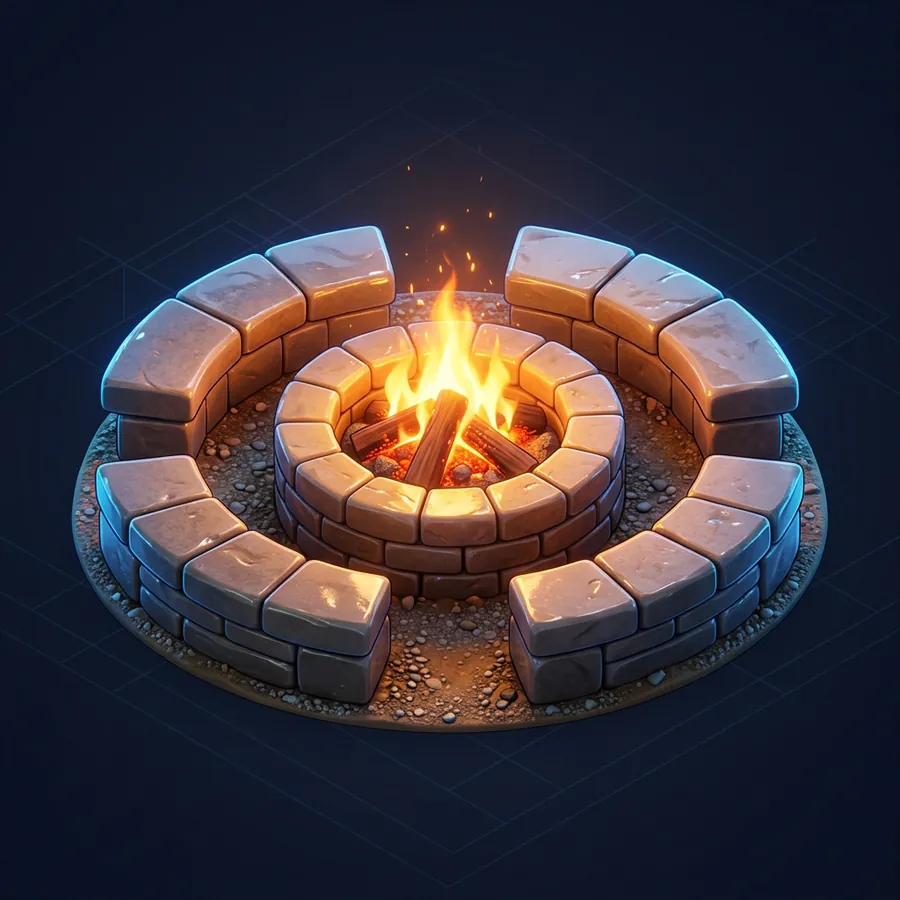 Glossy 3D illustration of a round stone fire pit with glowing flames and a ring of stone seating
