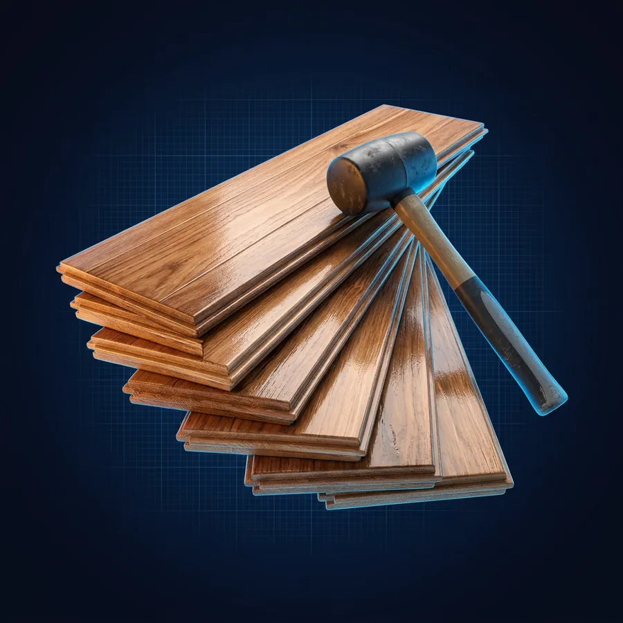 Glossy 3D illustration of a stack of wide-plank hardwood flooring boards fanned out with a rubber mallet