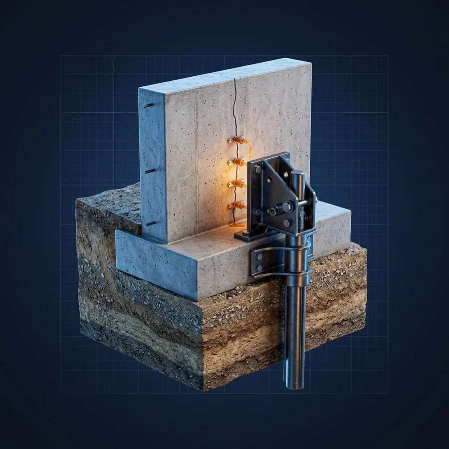 Music City Foundation | Music City Builder Group Glossy 3D illustration of a concrete foundation wall cross-section with a steel push pier and a hairline crack being repaired