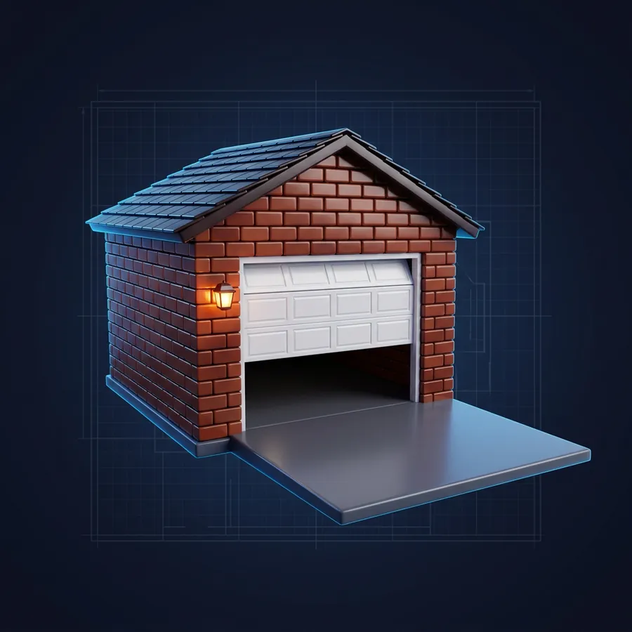Glossy 3D illustration of a carriage-style garage door half open with a torsion spring and an opener rail