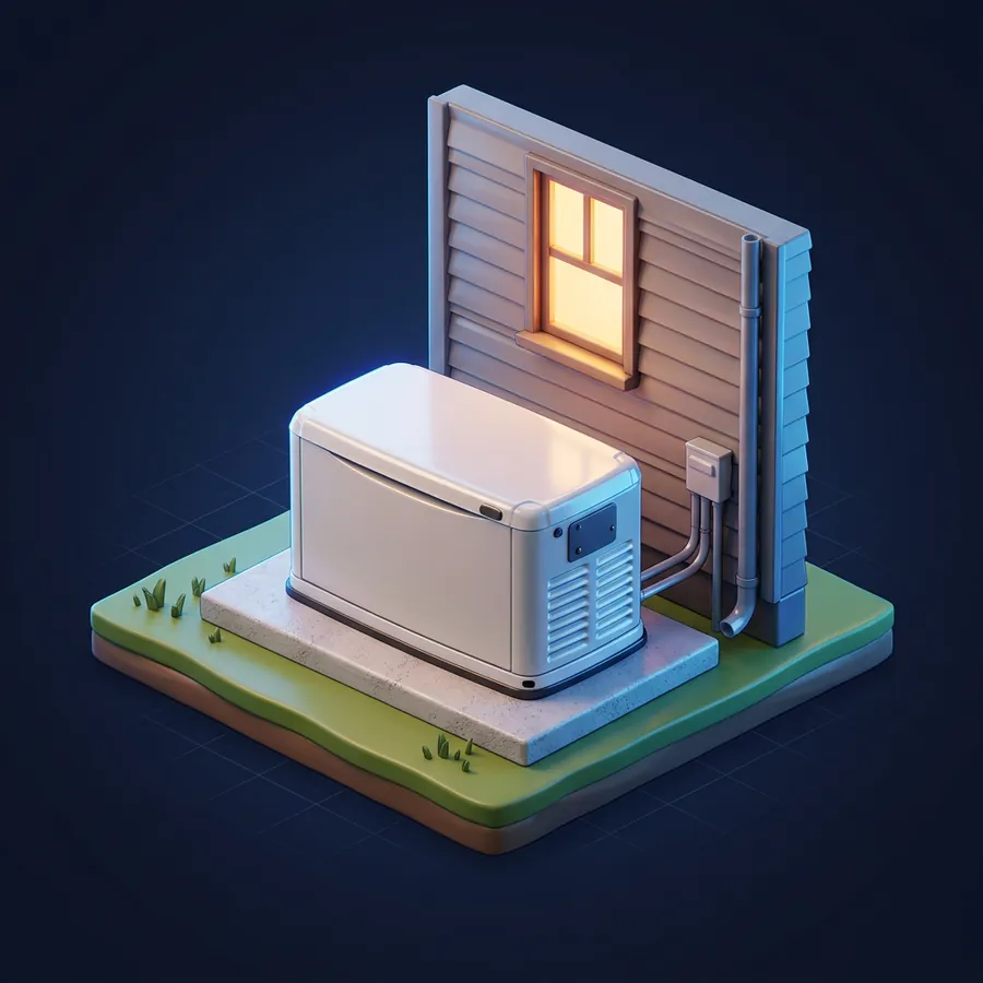 Glossy 3D illustration of a white standby generator on a concrete pad beside a house with a lit window
