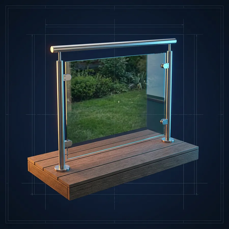Glossy 3D illustration of a glass deck railing with stainless posts and a view of a green yard