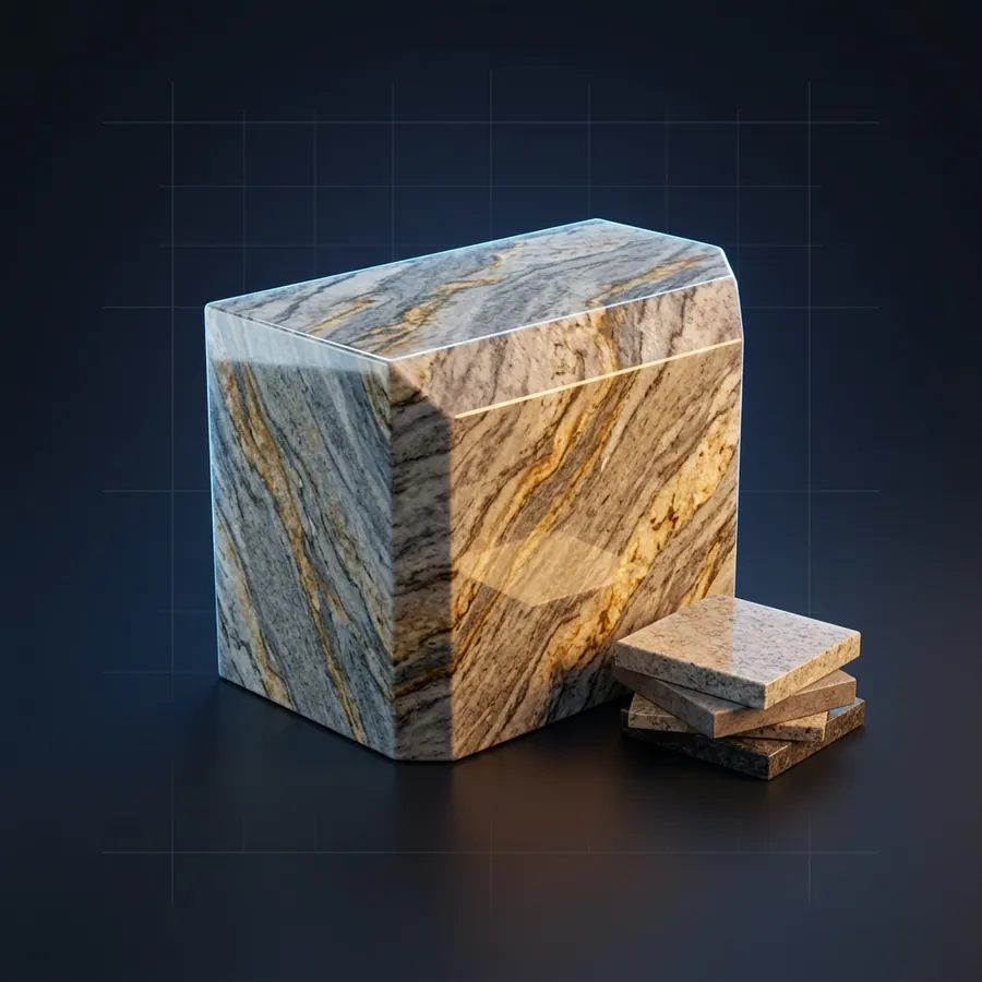 Glossy 3D illustration of a polished veined granite countertop piece with a mitered edge and a small sample stack