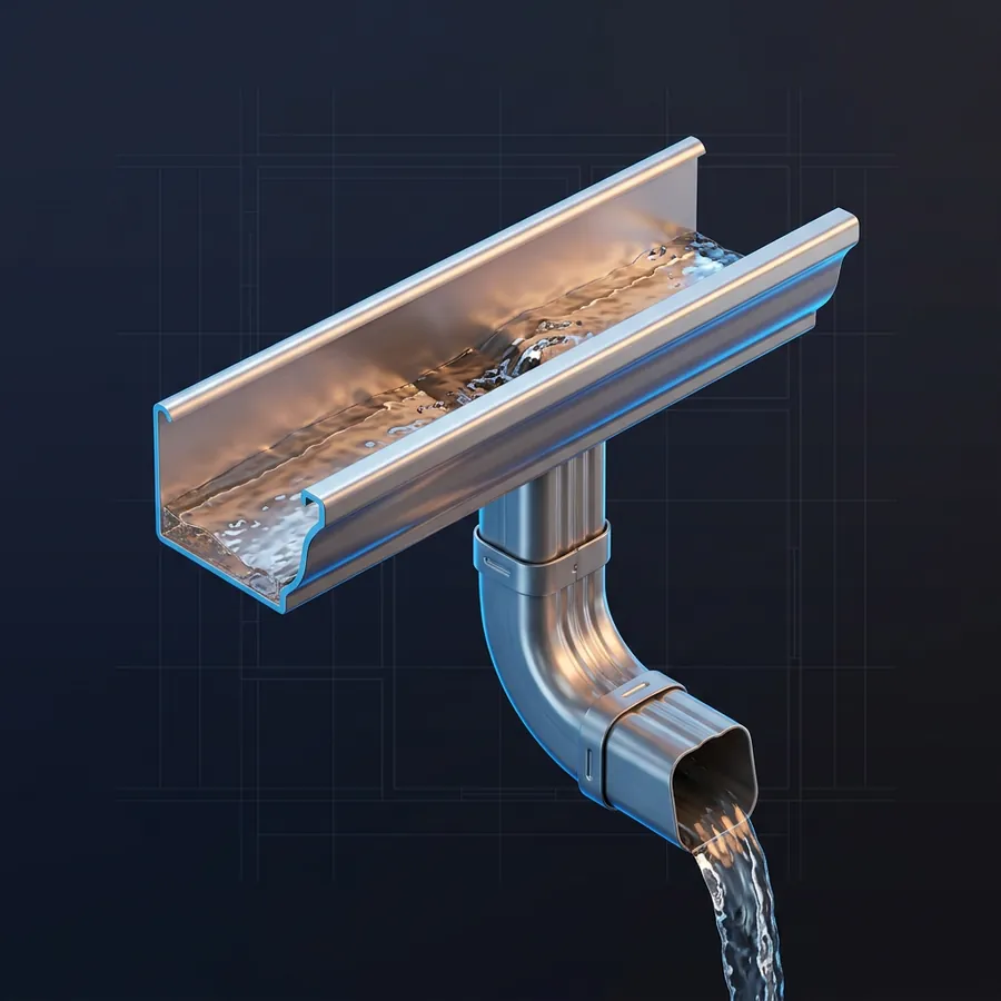 Glossy 3D illustration of a length of seamless aluminum gutter with a downspout and rain water flowing through it