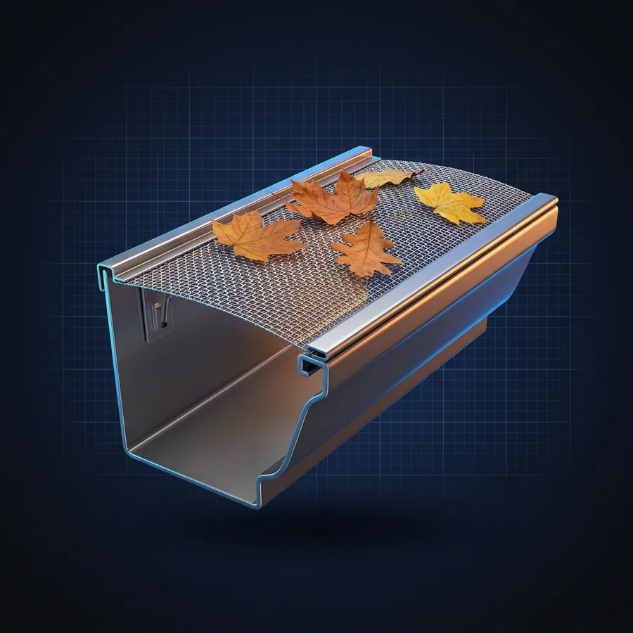 Glossy 3D illustration of a gutter section fitted with a micro-mesh gutter guard with a few autumn leaves resting on top