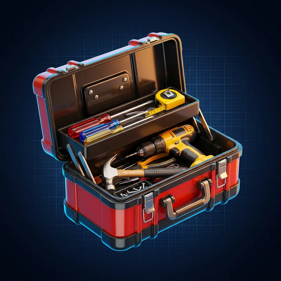 Glossy 3D illustration of an open toolbox with a drill, a hammer, a tape measure and screwdrivers