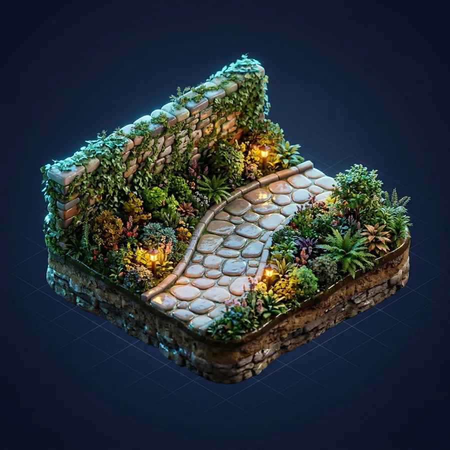 Glossy 3D illustration of a curved stone walkway with a garden wall and lush planting beds