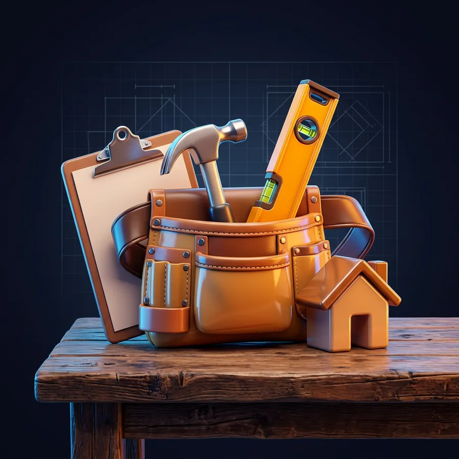 Glossy 3D illustration of a toolbelt with a hammer, a level and a clipboard on a workbench beside a small house icon