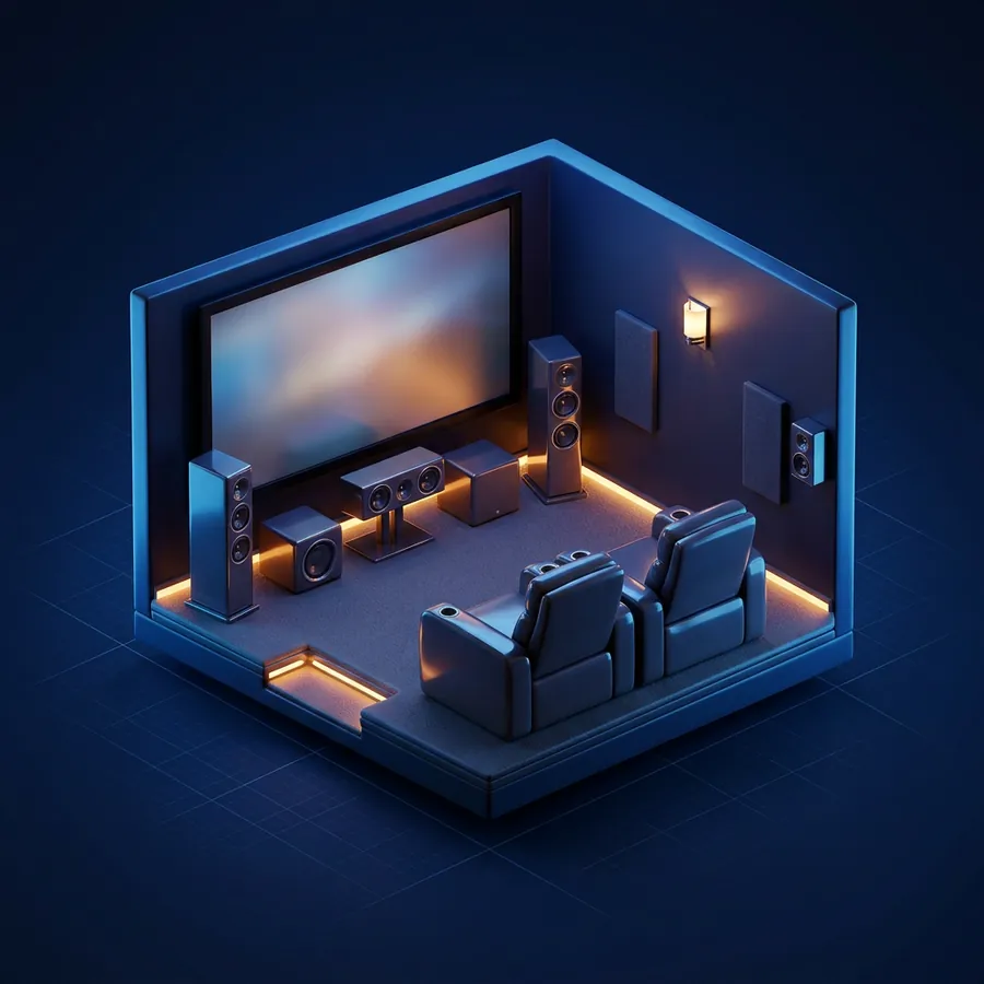 Glossy 3D illustration of a home theater with a large screen, surround speakers and two reclining chairs in dim blue light