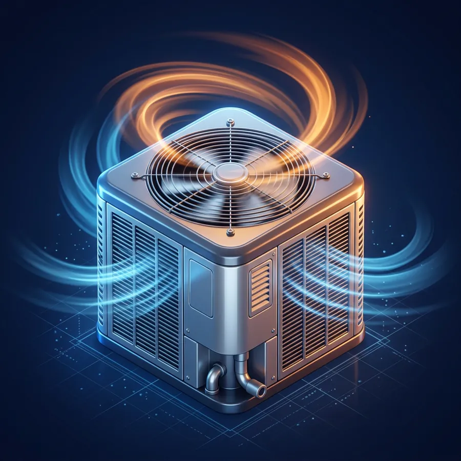 Music City HVAC | Music City Builder Group Glossy 3D illustration of an outdoor air conditioner condenser unit with a spinning fan and cool blue and warm orange airflow swirls