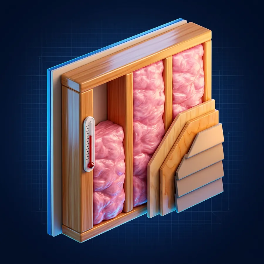 Glossy 3D illustration of a cutaway wall with pink fiberglass insulation batts between studs and a thermometer