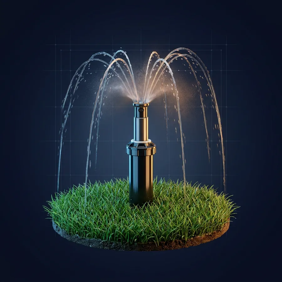 Glossy 3D illustration of a pop-up sprinkler head spraying water arcs over green grass