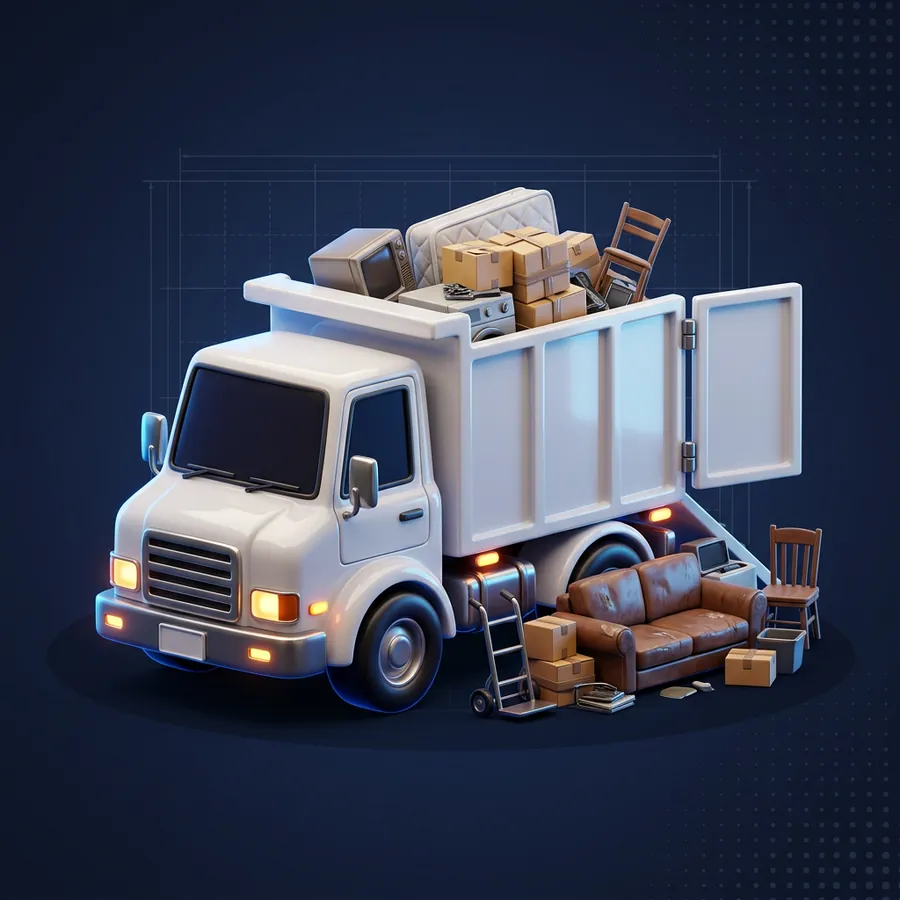 Glossy 3D illustration of a white junk removal truck with a pile of old furniture and boxes being loaded