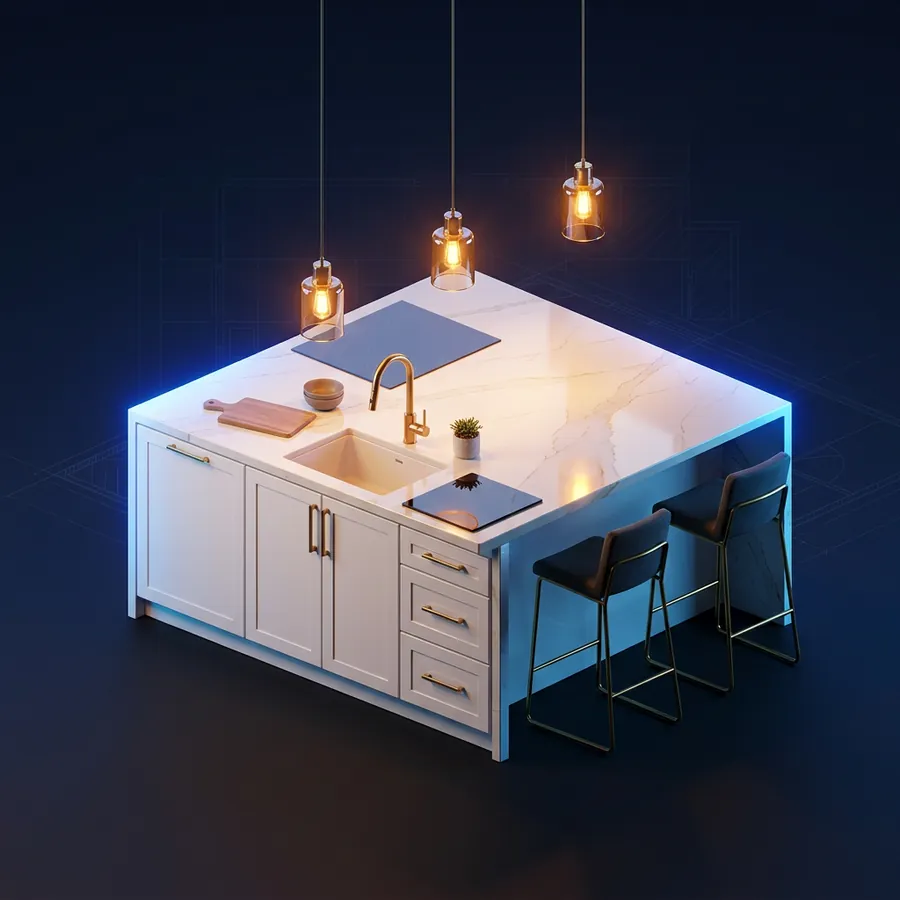 Music City Kitchen | Music City Builder Group Glossy 3D illustration of a modern kitchen island with white cabinets, a quartz top and pendant lights