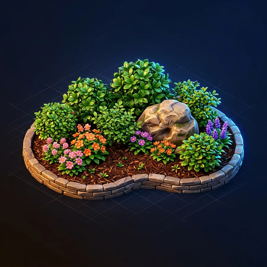 Music City Landscaper | Music City Builder Group Glossy 3D illustration of a landscaped garden bed with shrubs, flowers, mulch and a decorative boulder