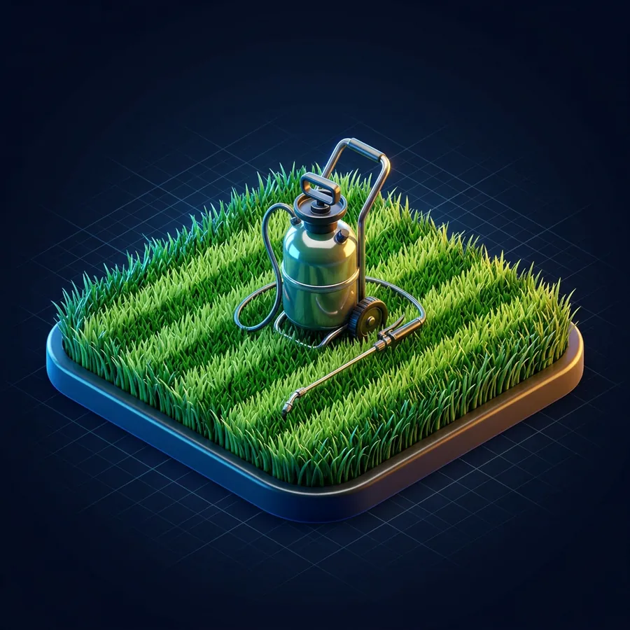 Glossy 3D illustration of a lush green lawn with a mower stripe pattern and a sprayer