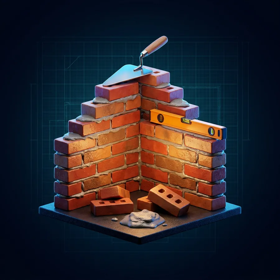 Music City Mason | Music City Builder Group Glossy 3D illustration of a brick wall corner under construction with a mason’s trowel, a level and a few bricks