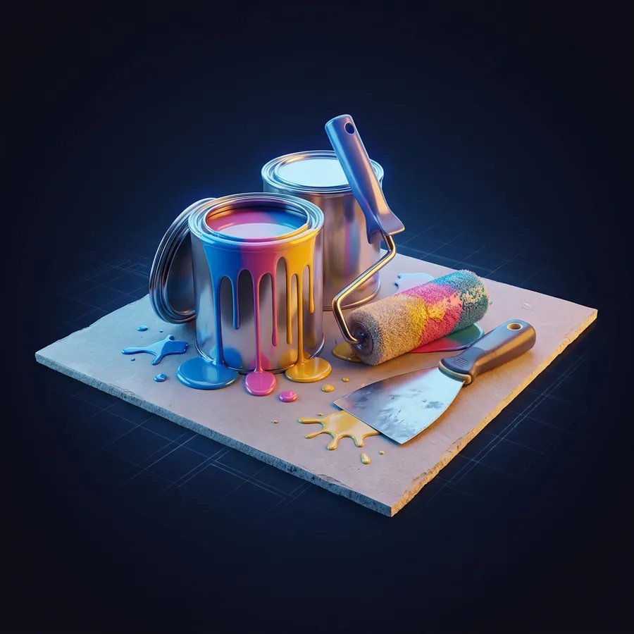 Music City Paint & Drywall | Music City Builder Group Glossy 3D illustration of paint cans with colorful drips, a roller and a taping knife on a drywall sheet
