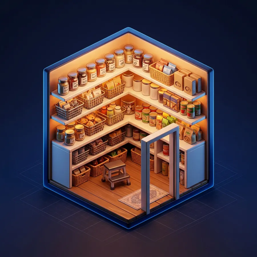 Glossy 3D illustration of a walk-in pantry with white shelves, wire baskets and labeled glass jars