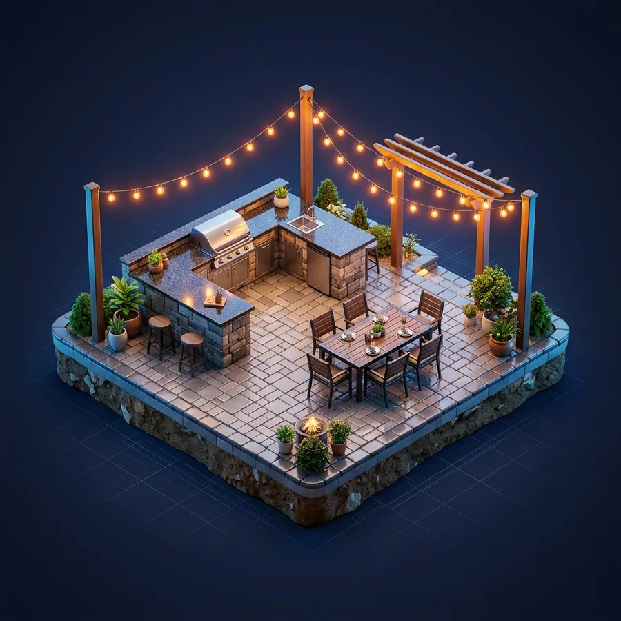 Glossy 3D illustration of a paver patio with an outdoor kitchen, a dining table and string lights